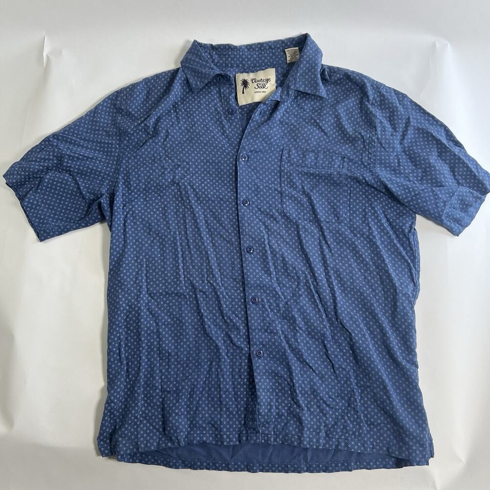 Vintage Silk Men's Blue Geometric Woven‎ Button-Up Shirt Short Sleeve Pockets XL